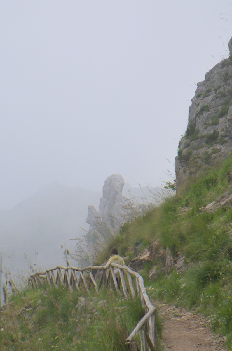 praying rock in fog